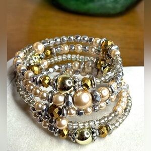 Multi-Layer Beaded Coil Wrap Bracelet-Gold, Silver&Pearl Tones Memory Wire Cuff